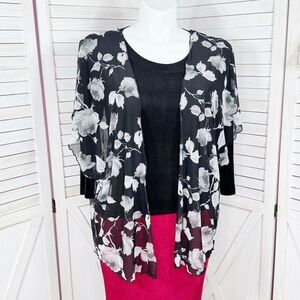 Inner Beauty Floral Sheer Mesh Kimono Topper Open Front Black White XL‎
